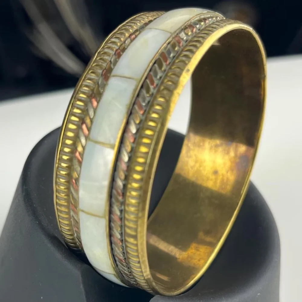 Vintage Brass Bangle | Bone Inlay, African Statement Jewelry - Picture 3 of 5